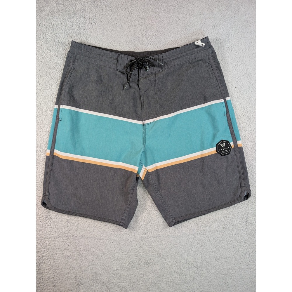 Vissla Mens Board Shorts Size 30 Grey Teal Striped Upcycle Coconut Stretch